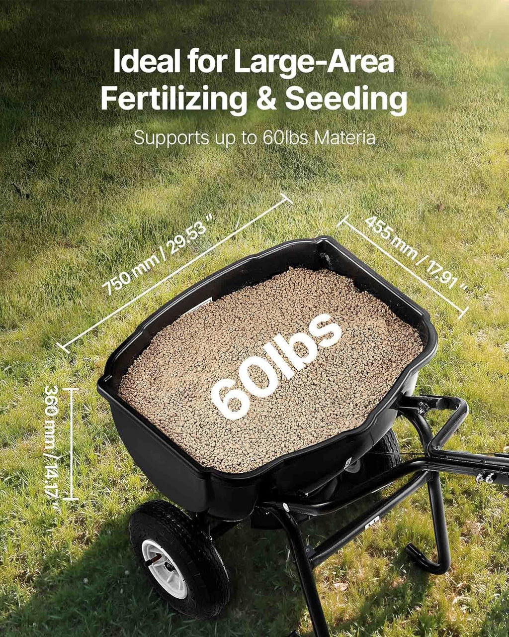 Broadcast Spreader, 60LBS Capacity, Walk-Behind Push Spreader, 0-9.8 ft Spreading Width, 10 in All Terrain Pneumatic Tires, Lawn Spreaders with Hopper Grate, for Seed, Fertilizer, Salt, Ice Melt1 pcs