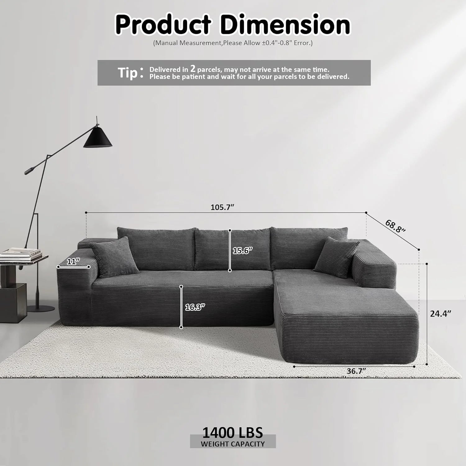 ovios 104" Cloud Sectional Couch with L-Shape Chaise,Modern Modular Sofa with Deep Seat, Upholstered Couches for Living Room Bedroom,No Assembly Required, Black (Corduroy Fabric)