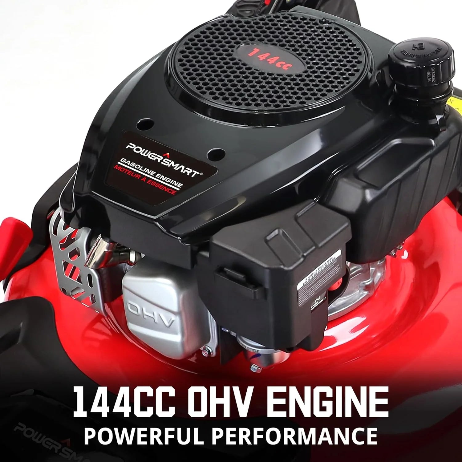 21-inch gas-powered lawn mower, equipped with a 144cc four-stroke all-terrain engine, featuring both crushing and side-discharge functions, with adjustable cutting height ranging from 6 positions.1 pcs