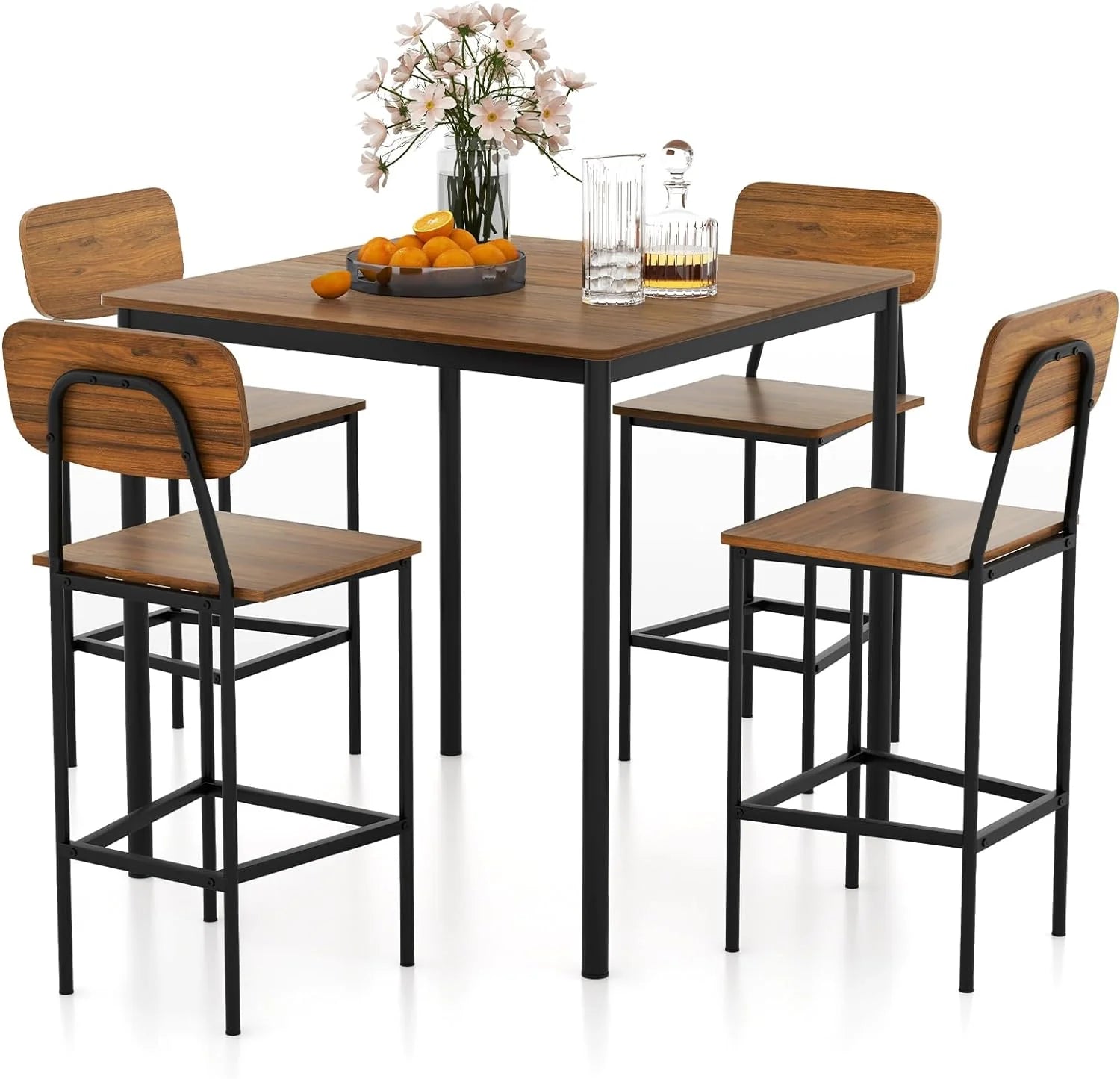 Giantex 5-Piece Dining Bar Table Set, 4 Person Kitchen Breakfast Table Set with Steel Frame , Walnut