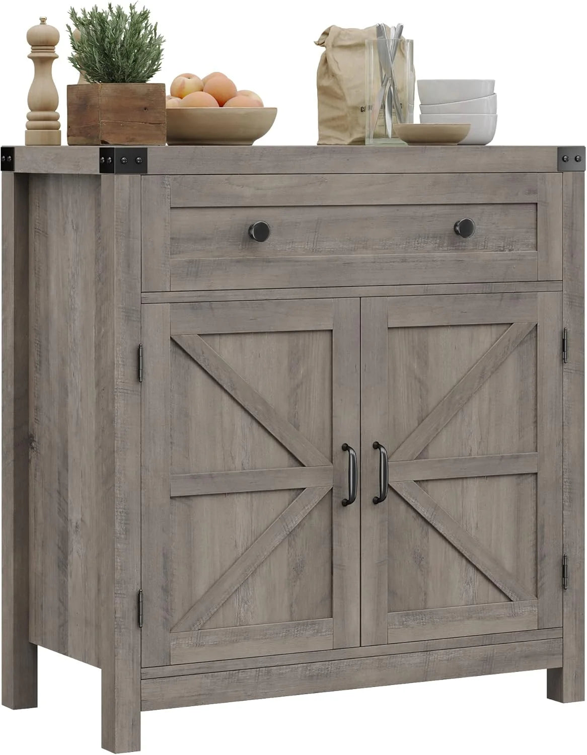 Coffee Bar Cabinet, Kitchen Storage Cabinet, Modern Farmhouse Buffet Sideboard with Drawer and Adjustable Shelf, Barn Door Accent Cabinets for Kitchen, Dining Room, Entryway, White1 pcs