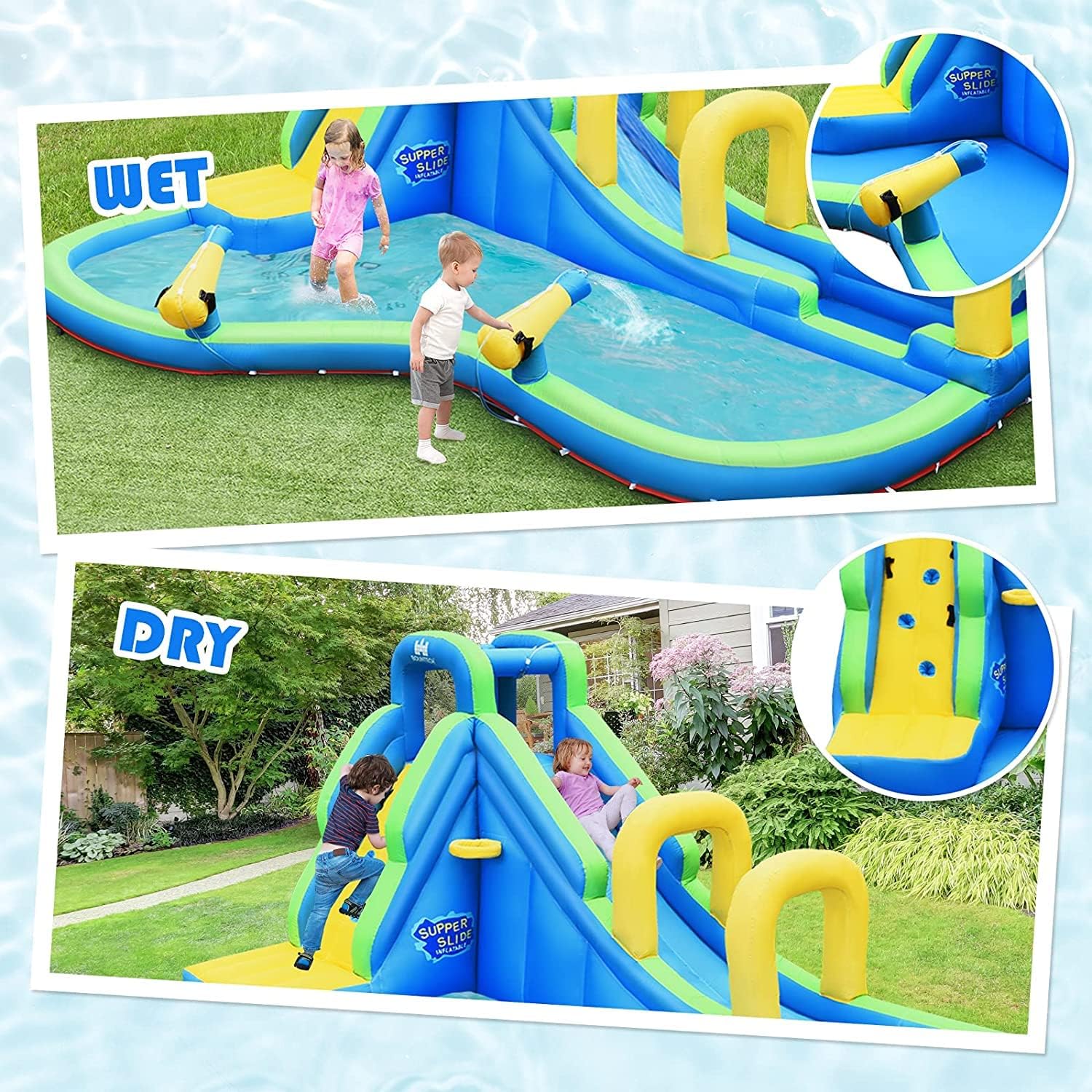 Inflatable Water Slides, 5 in 1 Kids Castle Bouncy House w/2 Water Cannons & Hose, Long Slides w/Arch, Climbing Wall & Splash Pool, Outdoor Blow Up Water Park for Backyard(Without Blower)1 pcs