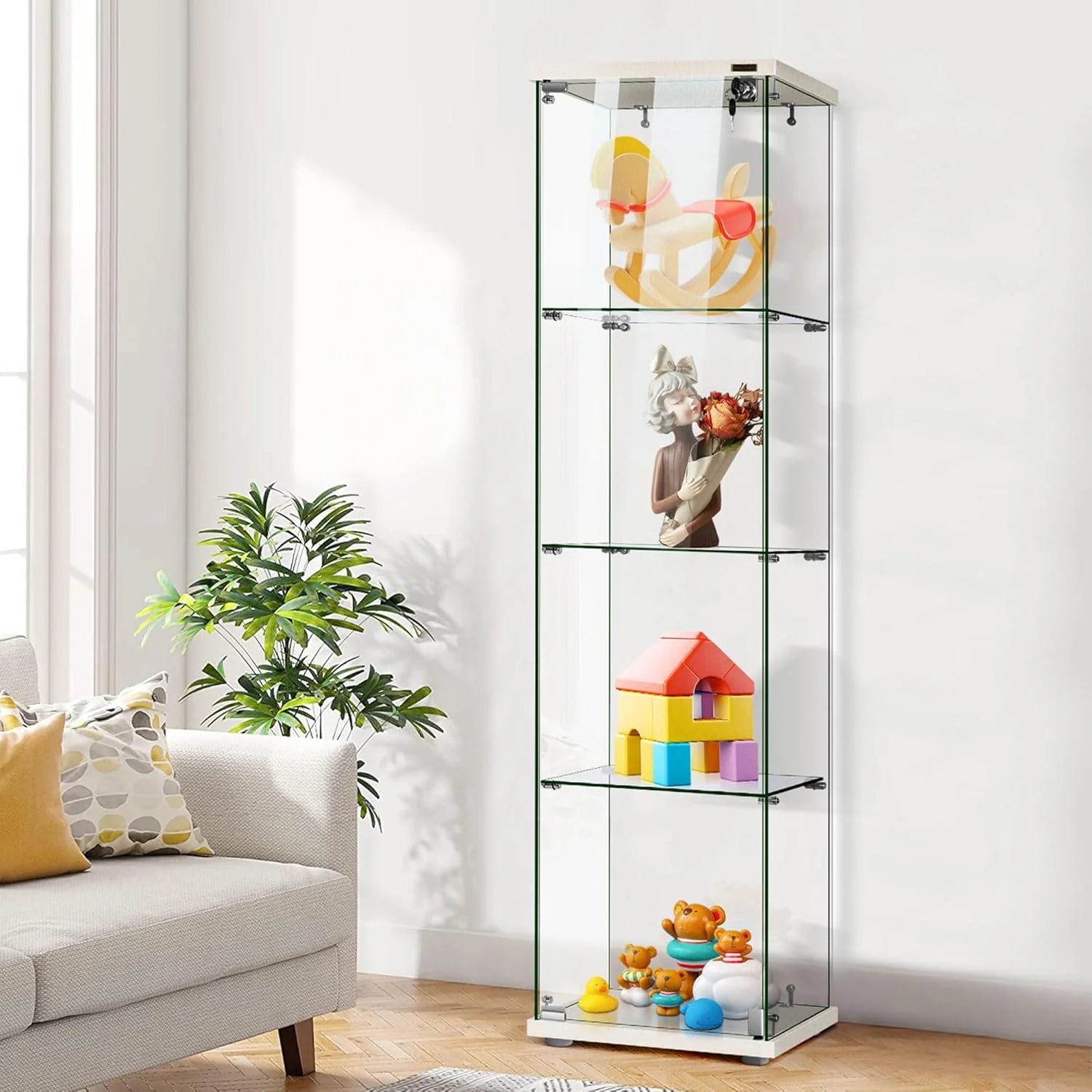 4 Layers 15.7''W x 15.7''D x 62.6''H Glass Display Cabinet Countertop Showcase with Lock, 5mm Tempered Glass 25mm MDF Base1 pcs
