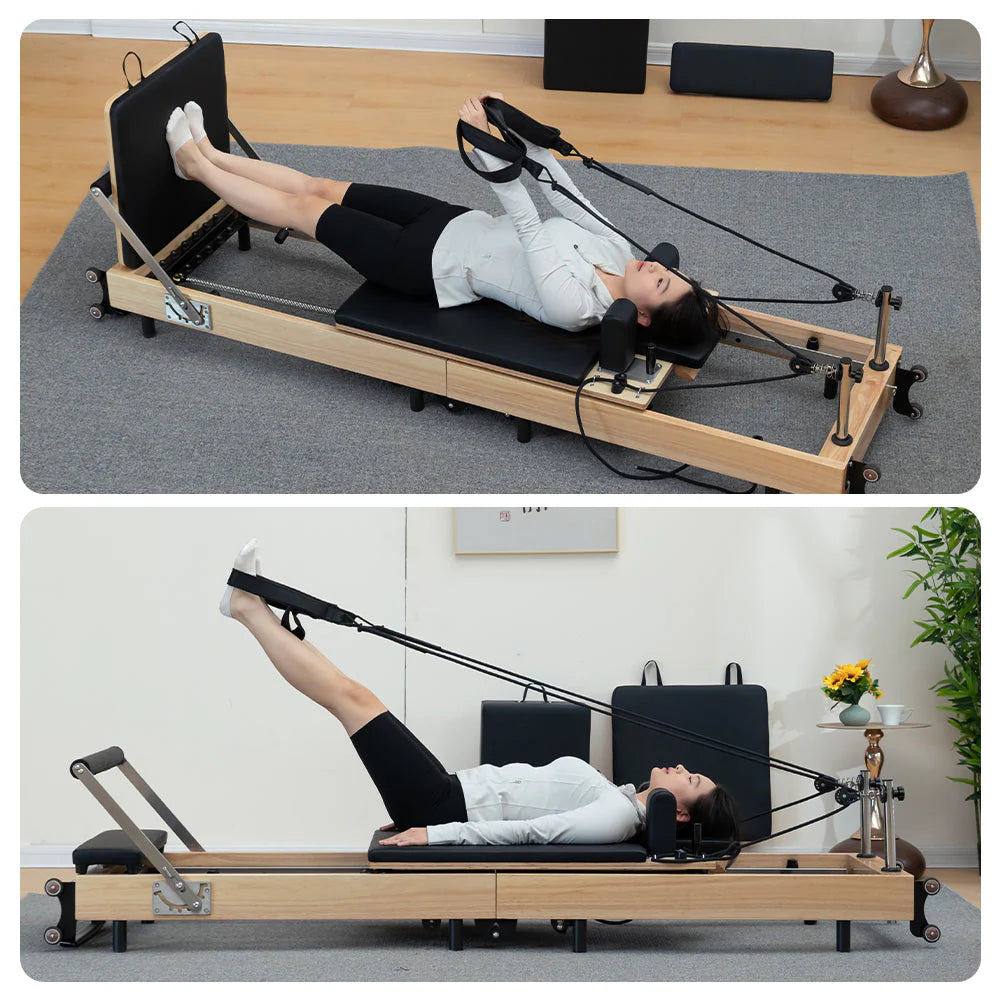 Foldable Pilates Reformer for Home Workouts, Oak Wood Frame, 6 Springs
