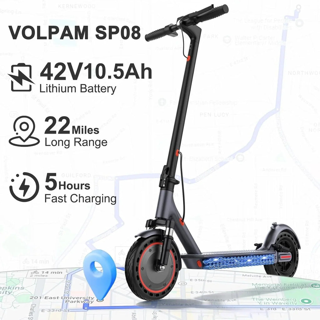 Electric scooter, 350W/500W powerful motor, 8.5"/10" solid rubber tires, 19/22 mph, 28/21/12 mile range, dual brakes