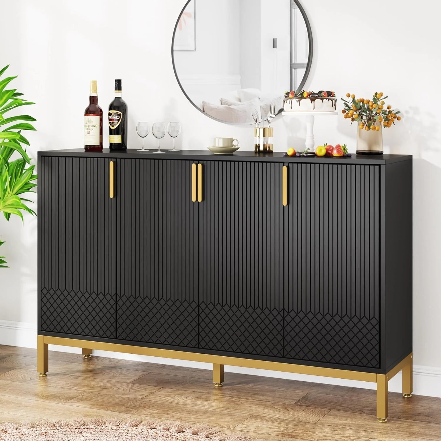 Luxury Buffet Cabinet with Storage, 59 Inch Kitchen Sideboard Cabinet with 4 Doors, Coffee Bar Cabinet Storage Cabinet for Dining Room, Living Room, Black and Gold1 pcs