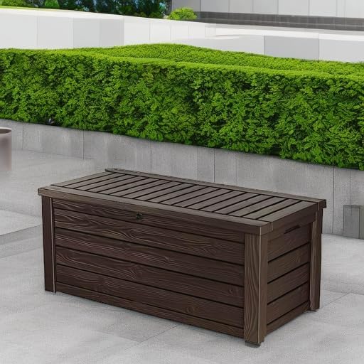 570-liter storage box, all-weather resin boat-shaped storage box, and stylish outdoor bench with piston-assisted lockable lid and side handles, dark coffee color version1 pcs