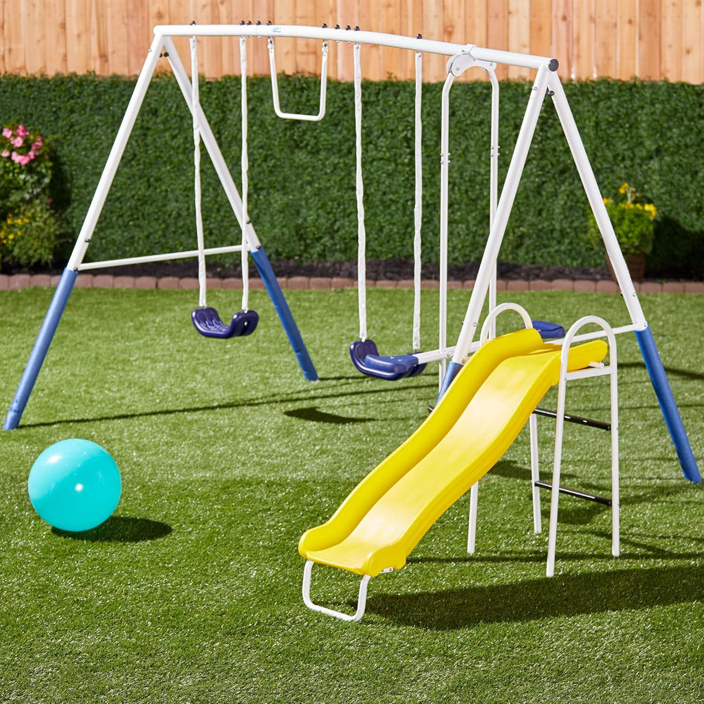 Recreation Blue Ridge Backyard Playground Set Sturdy Metal A Frame Swing with Chain Covers, Glider, Trapeze, 2 Swings, and Slide, Multicolor1 pcs