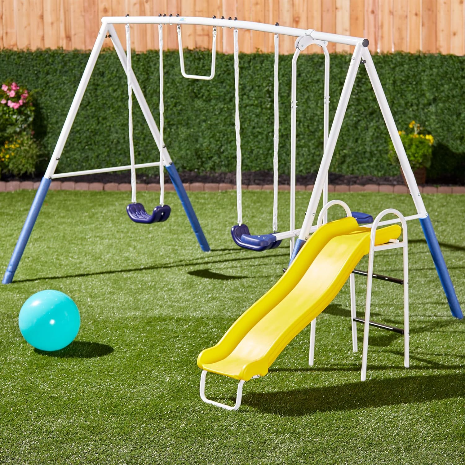 Recreation Blue Ridge Backyard Playground Set Sturdy Metal A Frame Swing with Chain Covers, Glider, Trapeze, 2 Swings, and Slide, Multicolor1 pcs