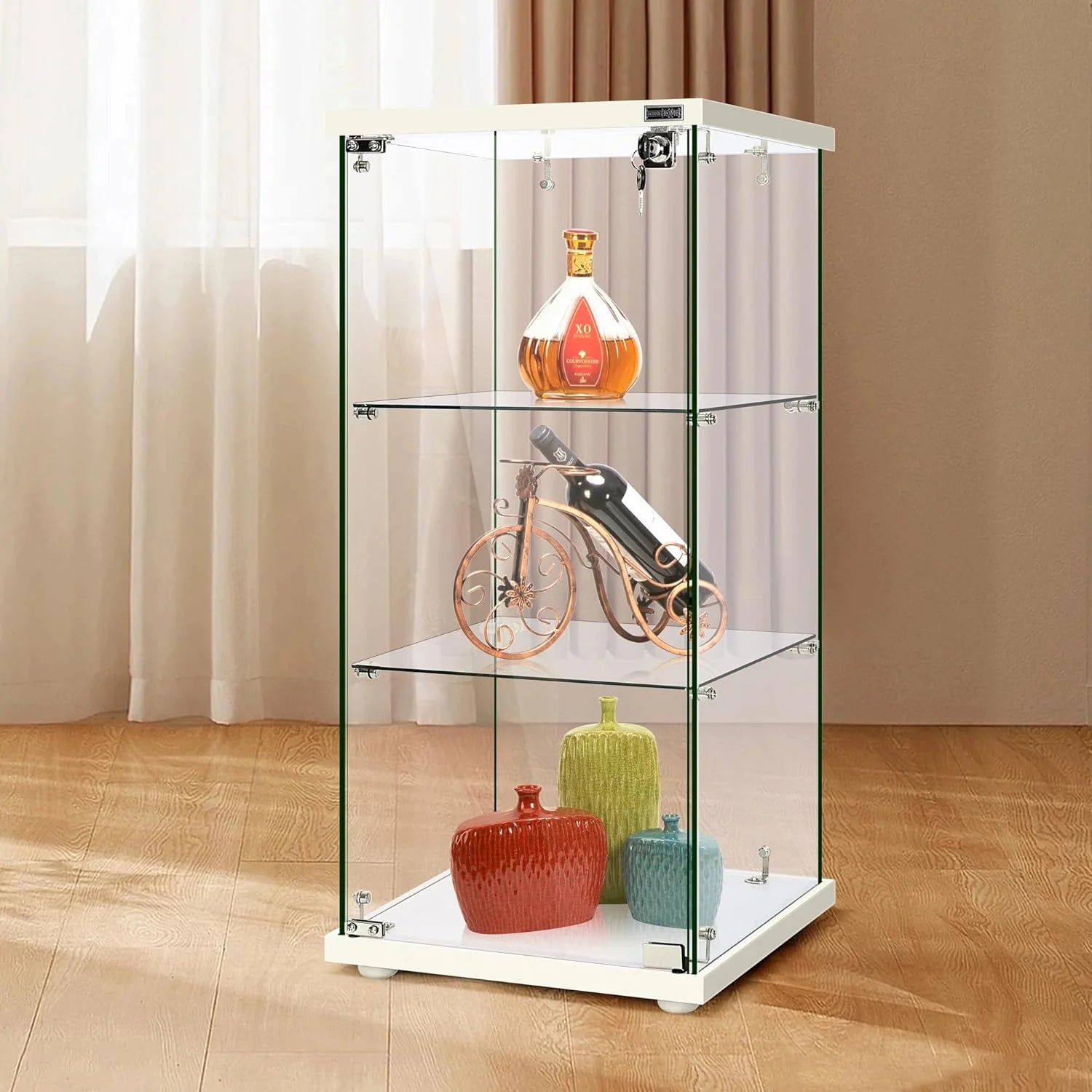 4 Layers 15.7''W x 15.7''D x 62.6''H Glass Display Cabinet Countertop Showcase with Lock, 5mm Tempered Glass 25mm MDF Base1 pcs