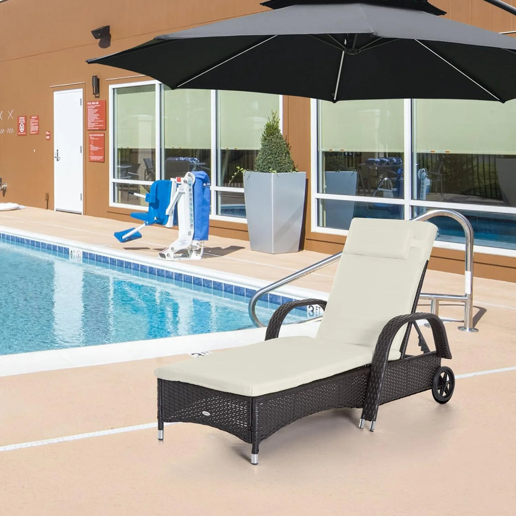 Wicker Chaise Lounge, Outdoor Lounge Chair, PE Rattan Patio Sun Lounger with Head-Rest, 5-Level Height Adjust Backrest, Cushion & Wheels, Mixed Brown and Dark Blue1 pcs