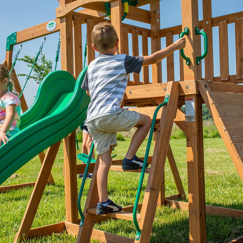 A complete set of wooden mountain-style swings, equipped with a colorful canvas sunshade, a wave slide, a rope swing, a net swing, and a rock wall with climbing ropes and ladders.1 pcs