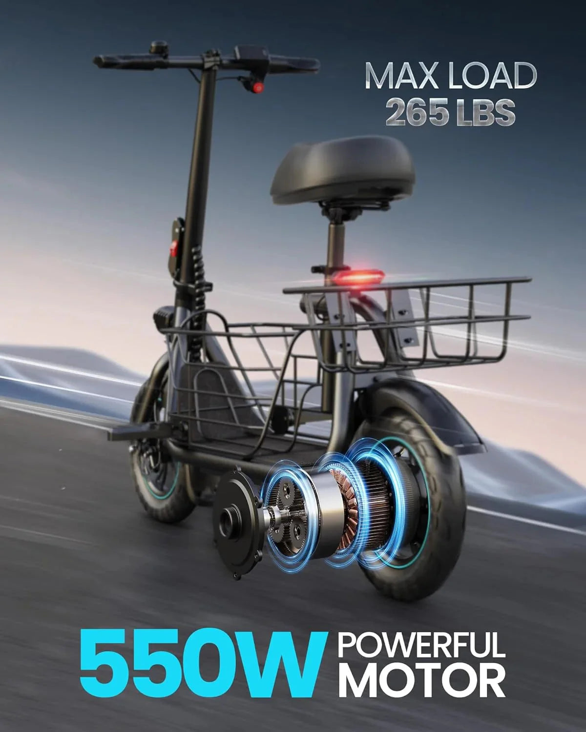Electric scooter for adults with large center basket