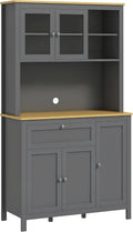 71" Kitchen Pantry Cabinet, Wide Buffet Cabinet with Countertop, Freestanding Storage Cabinet with 5 Doors, Adjustable Shelves, Drawer, Glass Door, Cable Management, Grey1 pcs