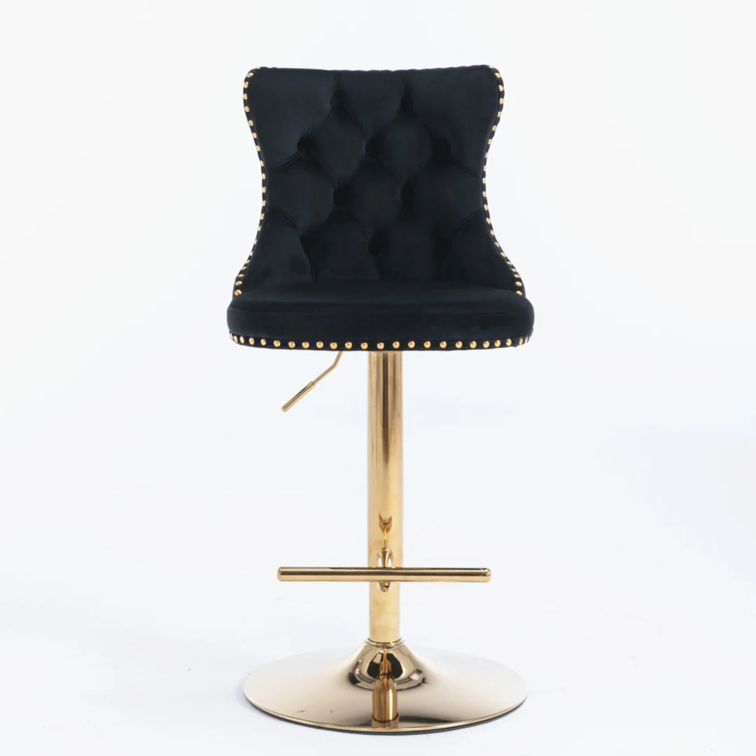 4x Height Adjustable Swivel Bar Stool Velvet Studs Barstool with Footrest and Golden Base- Black