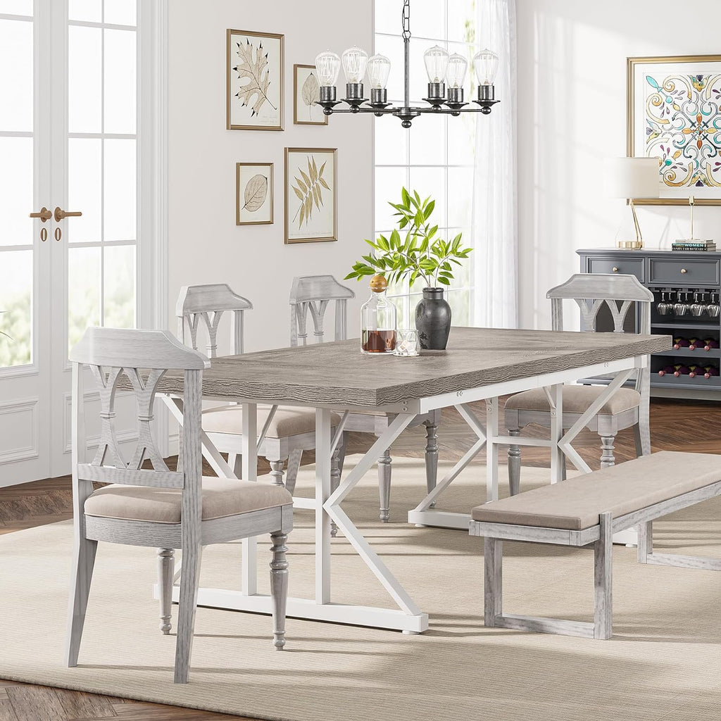 Farmhouse Dining Table for 6 People, 70.8-Inch Rectangular Wood Dining Table, Rustic Kitchen Table with Heavy Duty Metal Legs for Dining Room1 pcs