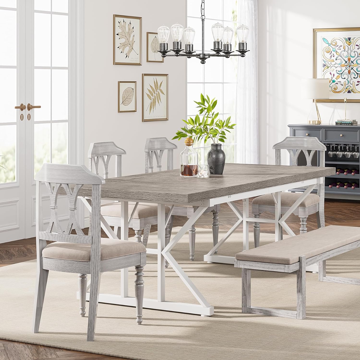 Farmhouse Dining Table for 6 People, 70.8-Inch Rectangular Wood Dining Table, Rustic Kitchen Table with Heavy Duty Metal Legs for Dining Room1 pcs