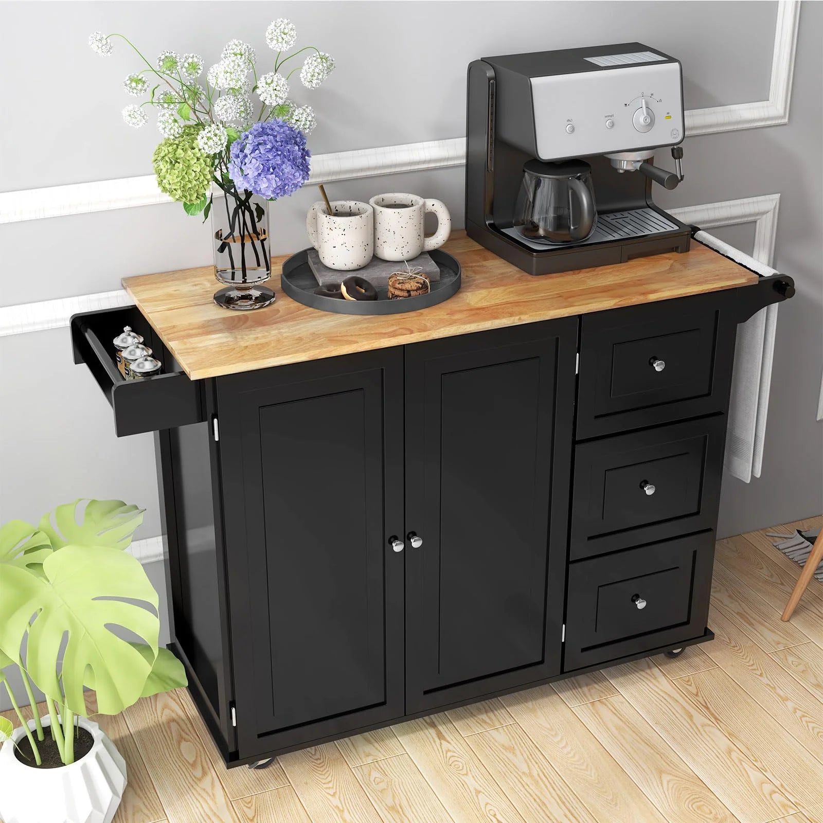 Giantex Kitchen Island Cart, Large Trolley Cart w/ Drop-Leaf Tabletop, Large Cabinet, 3 Drawers, Spice Rack, Towel Rack, Rolling Serving Trolley Cabinet