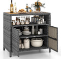 Rattan Storage Cabinet, Patio Sideboard Buffet Cabinet with Acacia Wood Countertop, Open Shelf & 2 Door Cabinet, Wicker Storage Organizer for Garden Tools (Mixed Brown)1 pcs