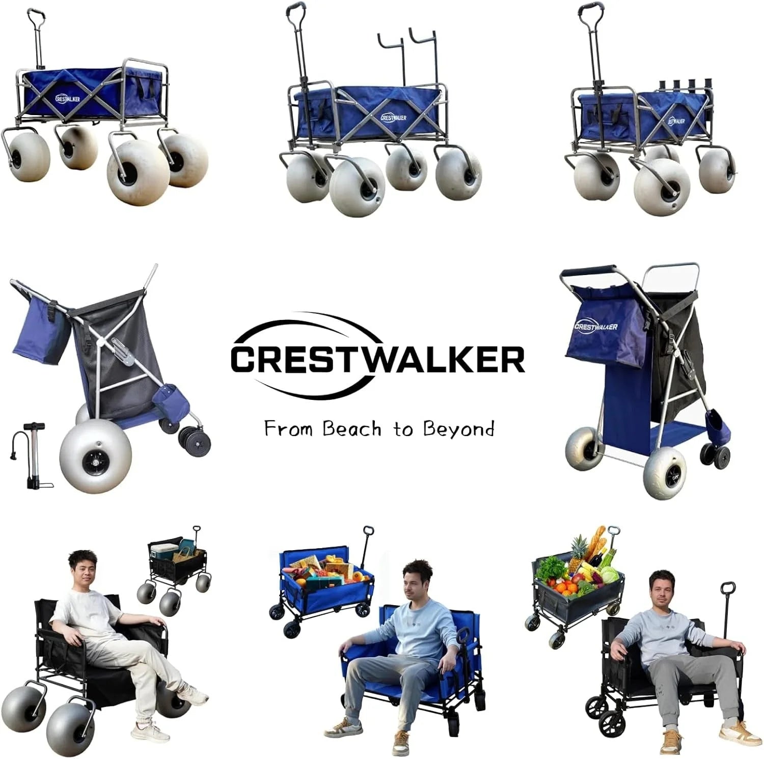 Beach cart with 13-inch balloon wheels, chair brackets and pump included