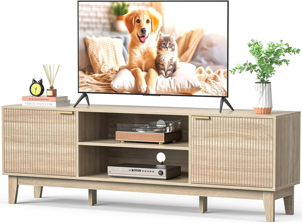 70" TV Stand for Living Room, Fluted Mid-Century Modern TV Console for TVs up to 80 inch, Farmhouse Entertainment Center with 2 Storage, Media Console Table for Living Room, Oak1 pcs