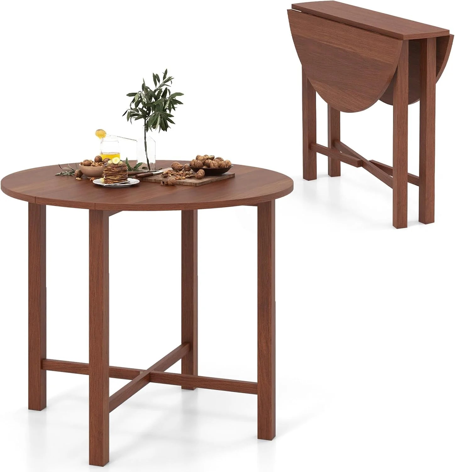 Round Drop Leaf Dining Table, 36” Folding Kitchen Table with Solid Wood Legs, Farmhouse Extendable Table for 2-4 People, Dinner Table for Dining Room, Living Room, Restaurant, Walnut1 pcs
