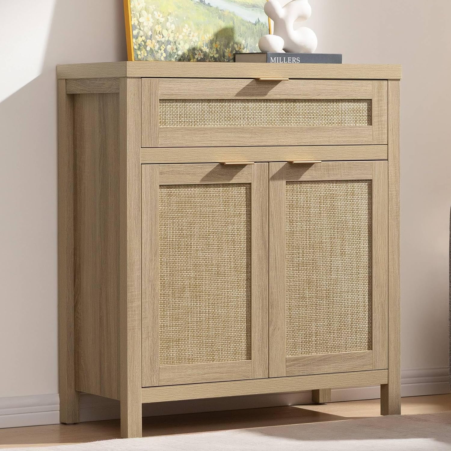 Sideboard Buffet Storage Cabinet Set of 2, Rattan Credenza Buffet Table, Boho Console Accent Cabinet with Doors and Drawer, Coffee Bar Cabinets for Kitchen Entryway Living Room, Natural1 pcs