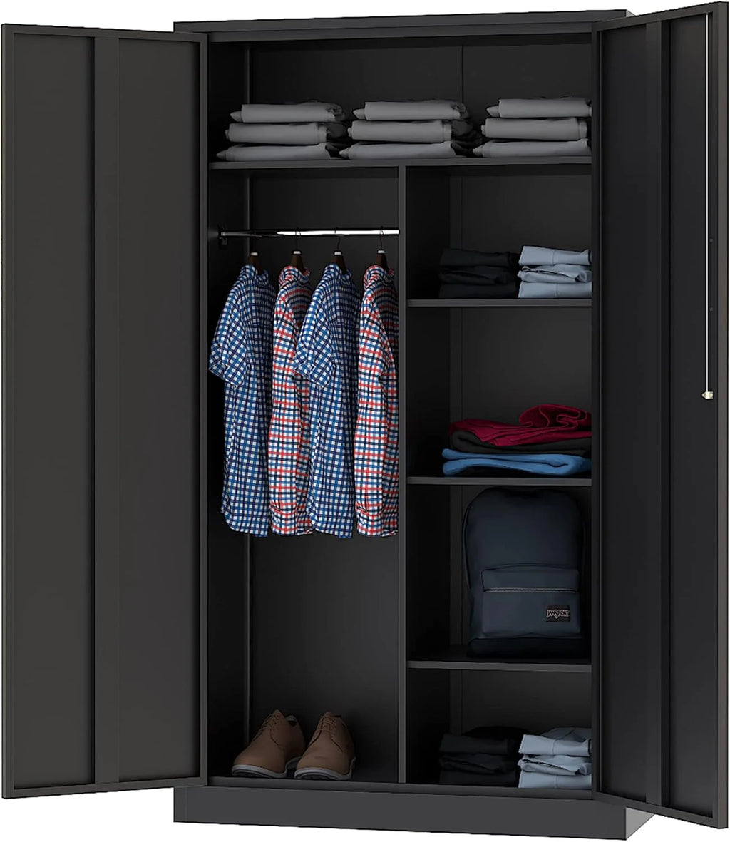 Metal Storage Cabinets Locker with Lock Door, 72'' Clothing Coat Steel Storage Freestanding Wardrobe for Office, Home, School, Employee,Gym,Fire Department (1PC-Black)1 pcs