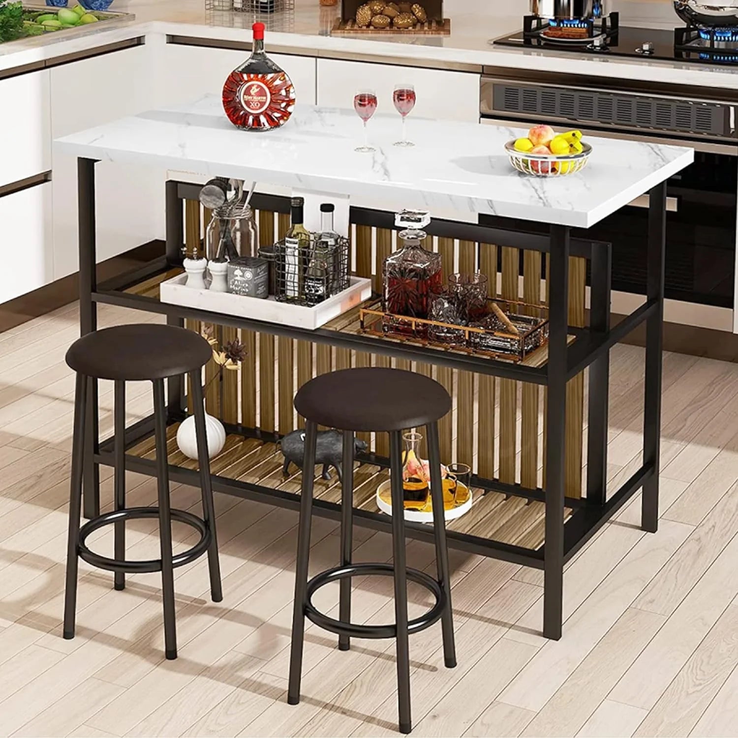 Kitchen Island with Seating & Storage Shelf, Faux Marble Island Table for Kitchen, Modern Bar Table and Chairs Set for 2,Dining Table Set for Small Space,White1 pcs