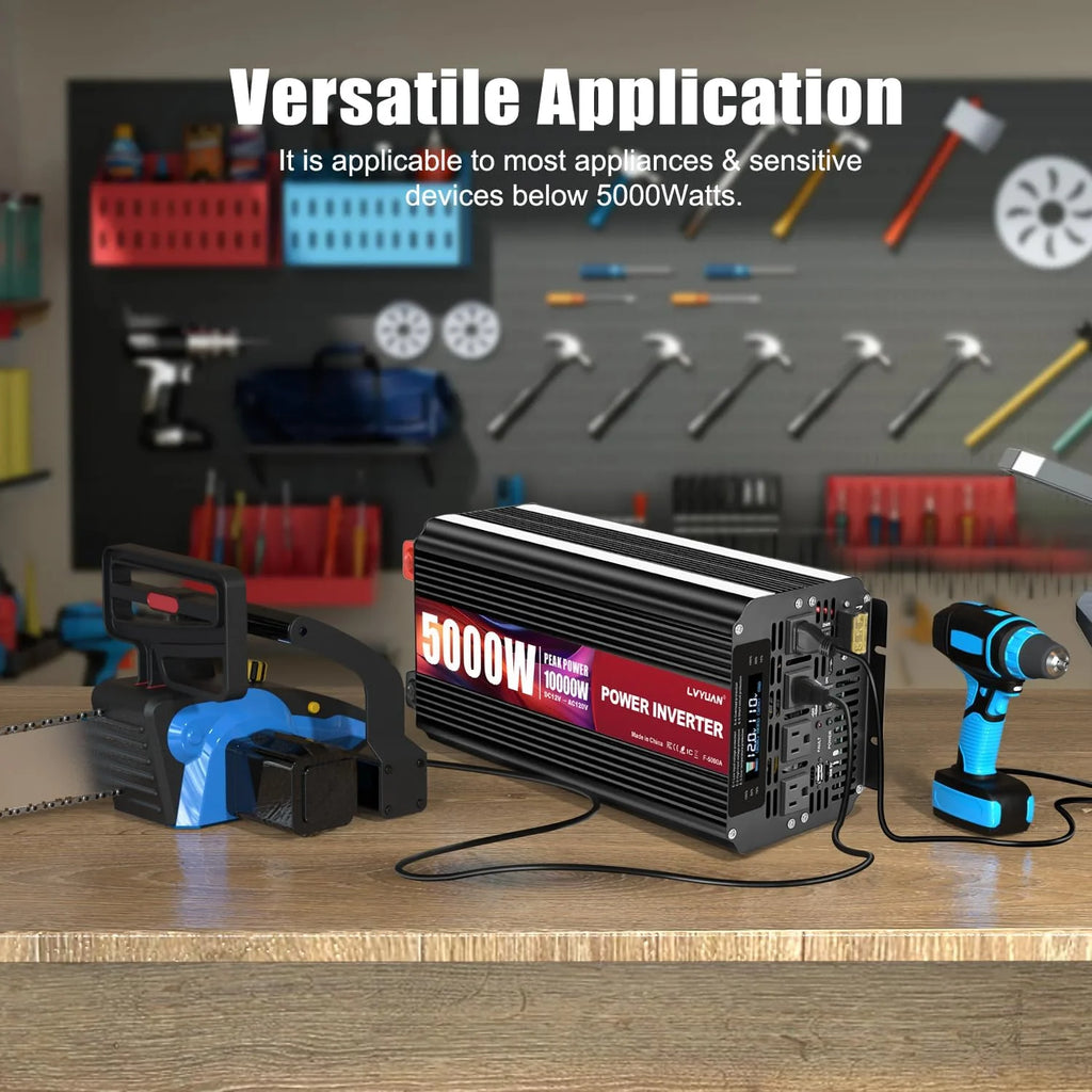 5000 Watt Power Inverter 12V to 110V 120V for Vehicle, Solar Inverter System, Heavy Duty, RV, Truck, Off Grid,Camping with 4 AC Outlets, LCD Display, Wireless Remote Control, Car Power Inverter1 pcs