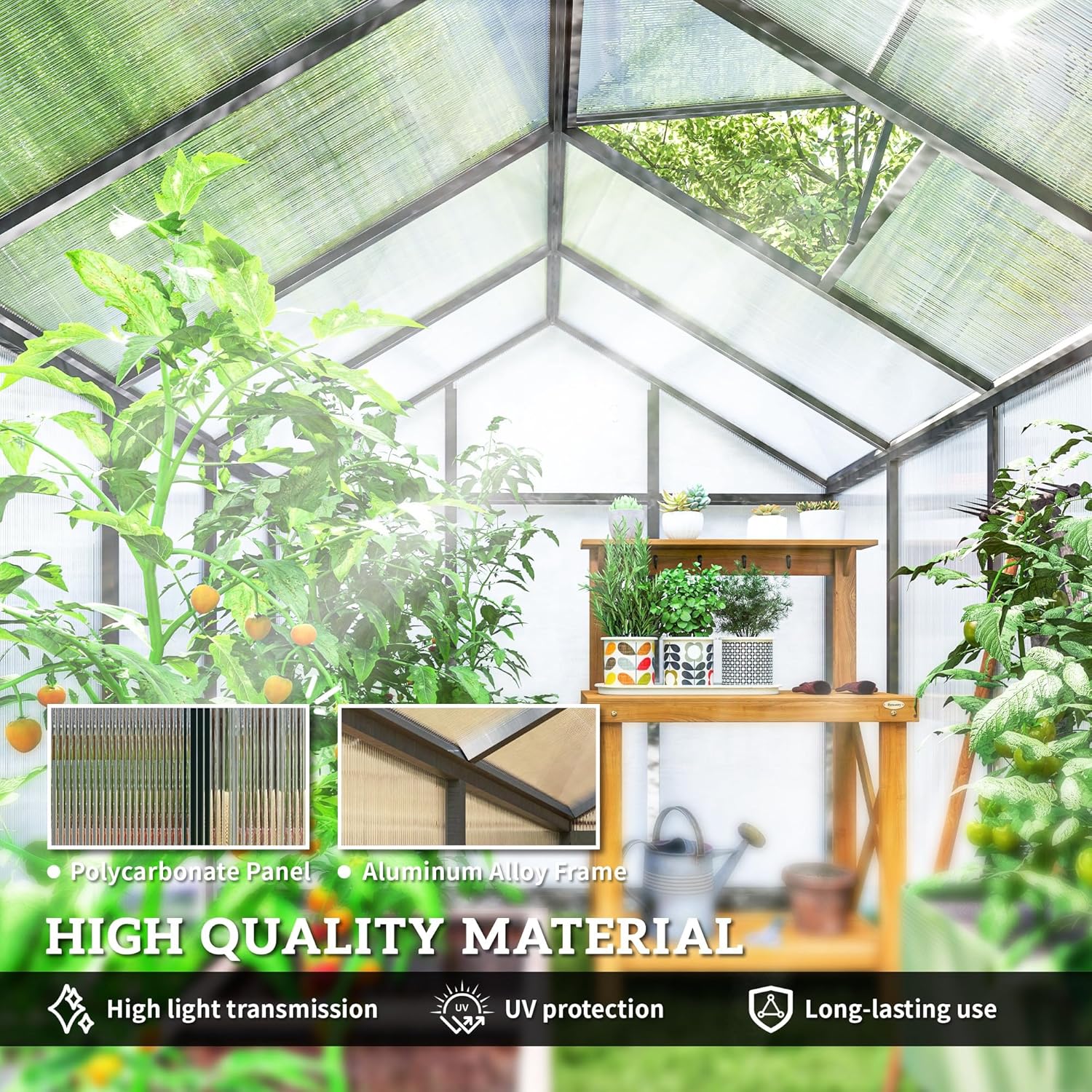 6' x 8' x 6.4' Polycarbonate Greenhouse, Aluminum Walk-in Green House Kit Garden, Plants Grow with Rain Gutter and Roof Vent1 pcs