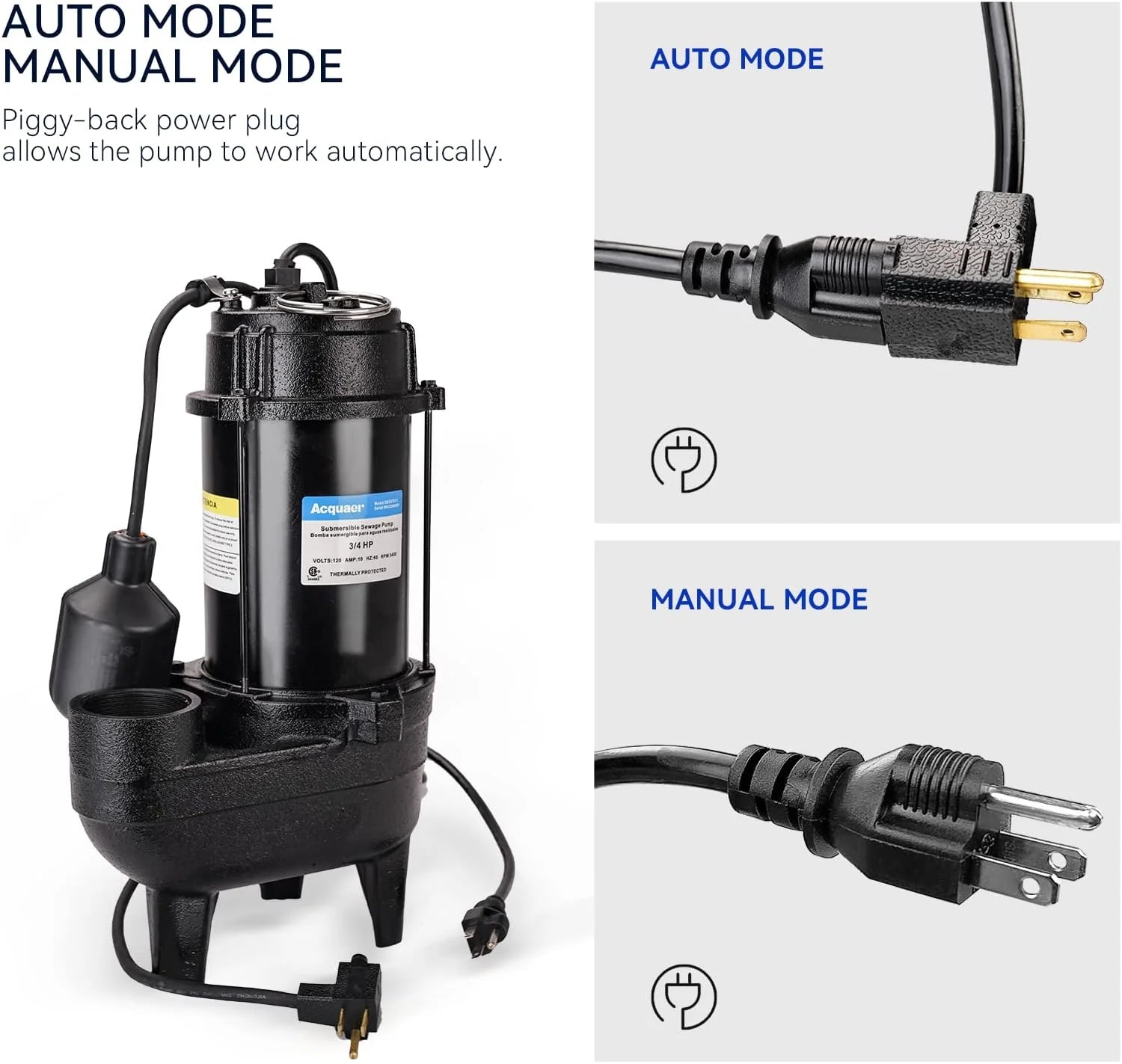 3/4 horsepower submersible sewage discharge pump, cast iron material, 115 volts, 6400 gallons per hour, automatic tethered float switch, for sewage pits, basements, and collection pits of residential sewage, 2-inch NPT outlet1 pcs