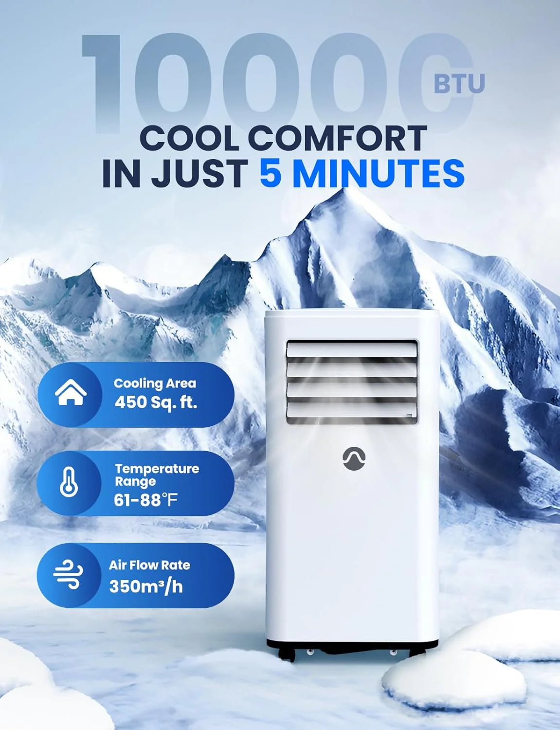 Portable Air Conditioners, 10000 BTU Air Conditioner Portable for Room up to 450 Sq. Ft., 3-in-1 Portable AC Unit with Digital Display, Remote Control, Window Installation Kit, 24H Timer, Sleep Mode1 pcs