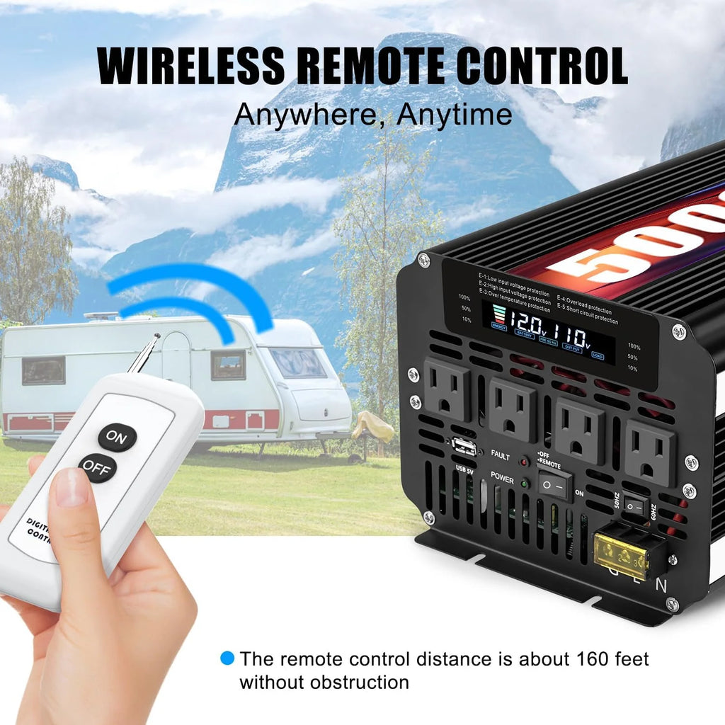 5000 Watt Power Inverter 12V to 110V 120V for Vehicle, Solar Inverter System, Heavy Duty, RV, Truck, Off Grid,Camping with 4 AC Outlets, LCD Display, Wireless Remote Control, Car Power Inverter1 pcs
