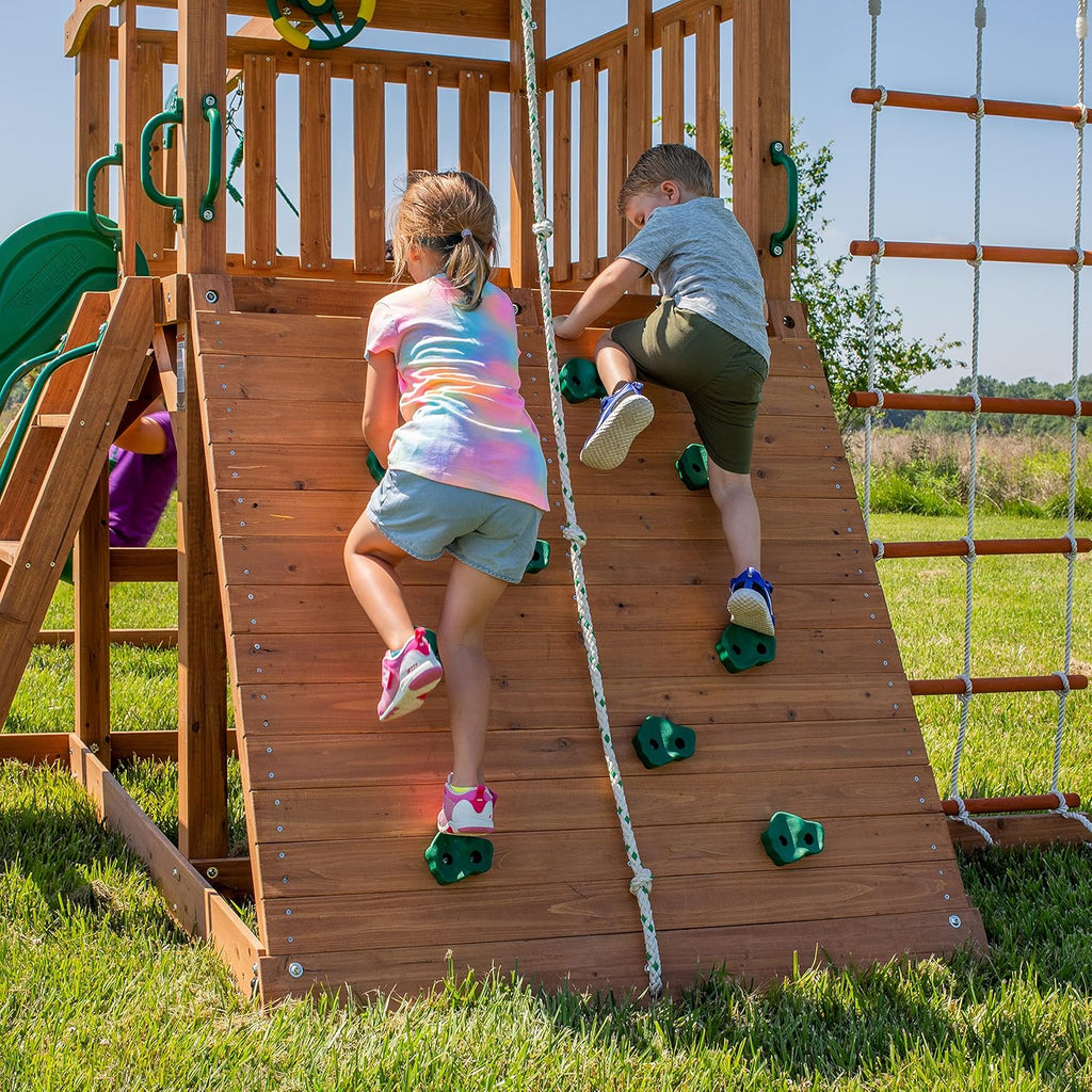 A complete set of wooden mountain-style swings, equipped with a colorful canvas sunshade, a wave slide, a rope swing, a net swing, and a rock wall with climbing ropes and ladders.1 pcs