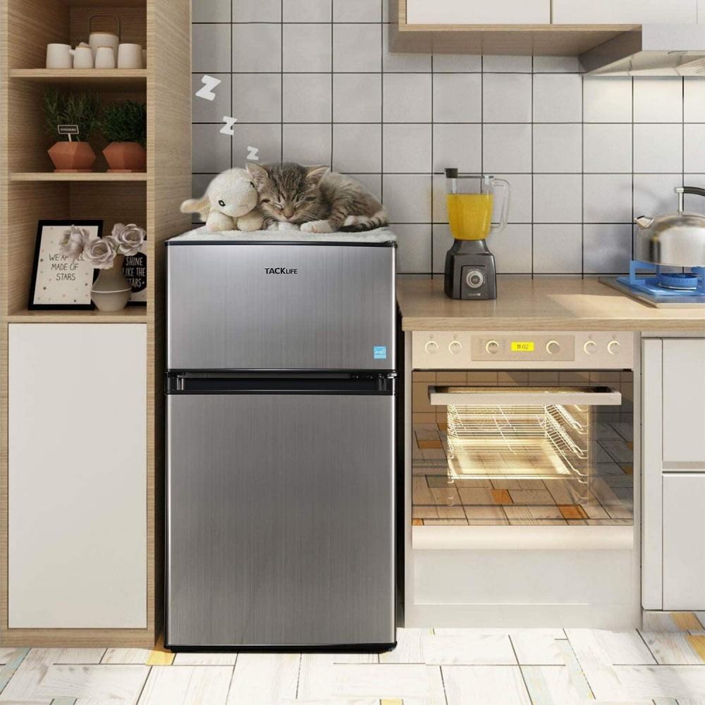 g Mini Fridge with Freezer, 3.1 Cu.Ft Small Refrigerator, Compact Refrigerator with LED Light, 2 doors, Mini Fridge for Bedroom, Office, Dorm, RV, Garage, Stainless Steel Sliver -HPVFR310