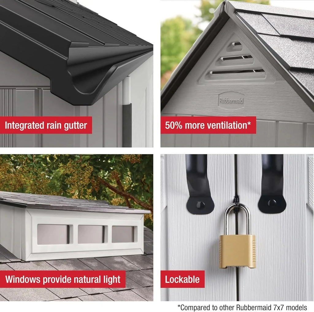 Rubbermaid resin garden shed with floor (2.13 x 2.13 m), weatherproof, grey, for storing garden tools, lawnmowers, bicycles and pool accessories