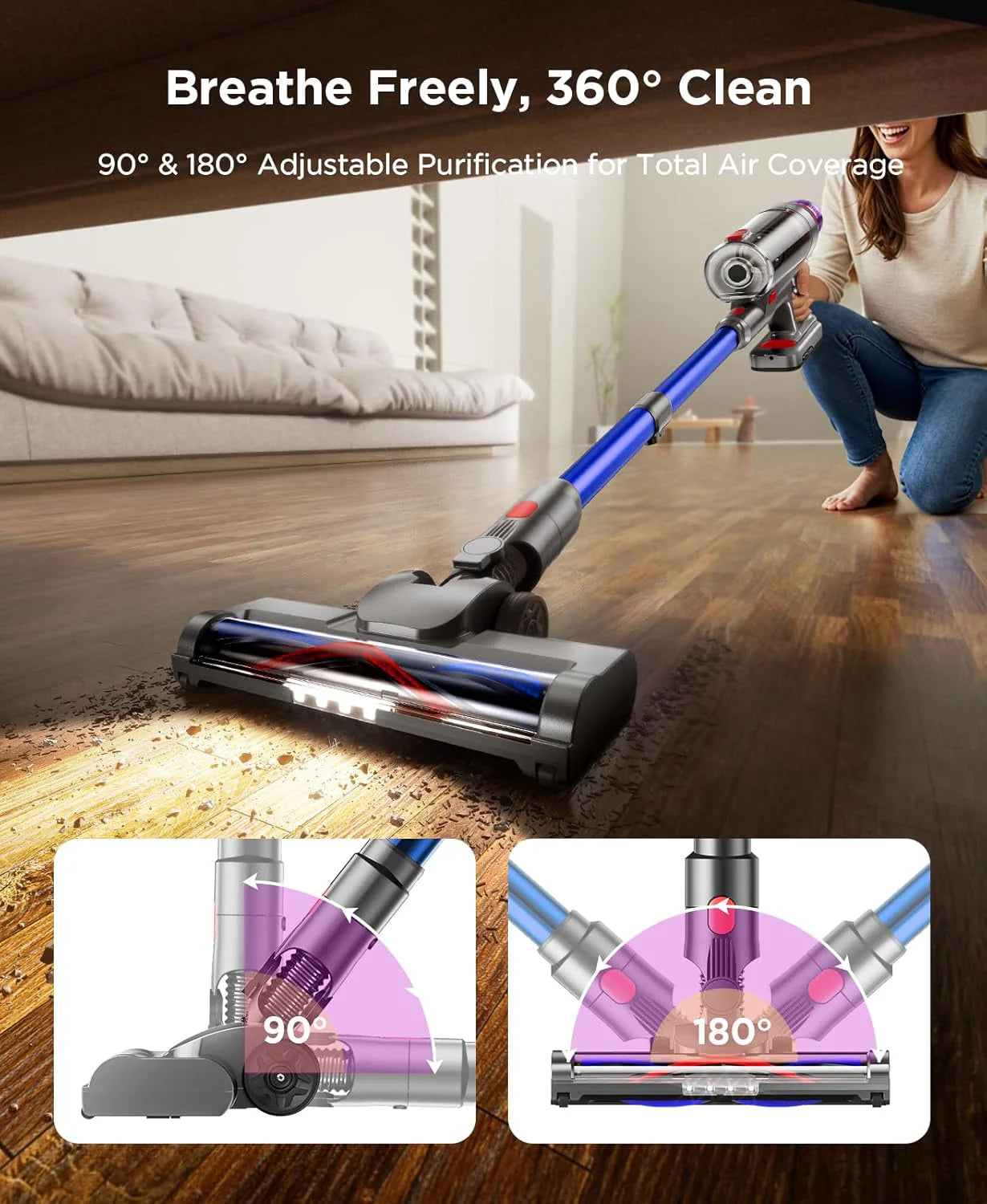 Cordless Stick Vacuum Cleaner: 550W Powerful Suction, LED Display, 55 Min Runtime, Anti-Tangle Brush, Rechargeable Battery, Lightweight for Home, Pet Hair, Hard Floors, Carpet1 pcs