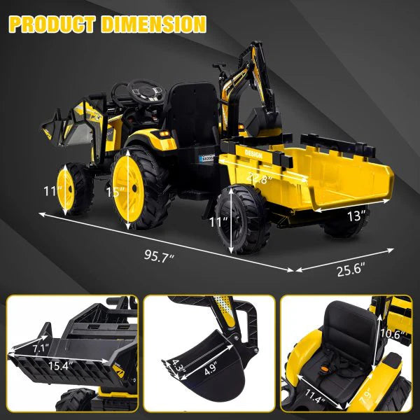 3-in-1 Ride-On Tractor, 24V Electric, Excavator & Bulldozer, Remote Control, LED, Music, USB/Bluetooth max 66 lbs �� Bright-yellow
