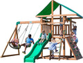 A complete set of wooden mountain-style swings, equipped with a colorful canvas sunshade, a wave slide, a rope swing, a net swing, and a rock wall with climbing ropes and ladders.1 pcs