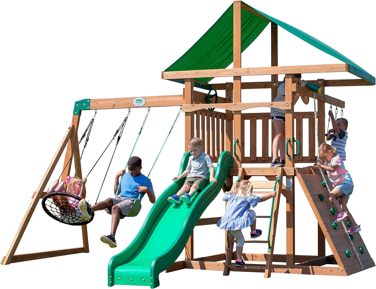 A complete set of wooden mountain-style swings, equipped with a colorful canvas sunshade, a wave slide, a rope swing, a net swing, and a rock wall with climbing ropes and ladders.1 pcs