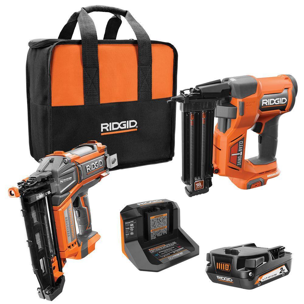 RIDGID 18V Brushless Cordless Nailer Combo Kit with Brad &amp; Finish Nailers, Battery &amp; Charger