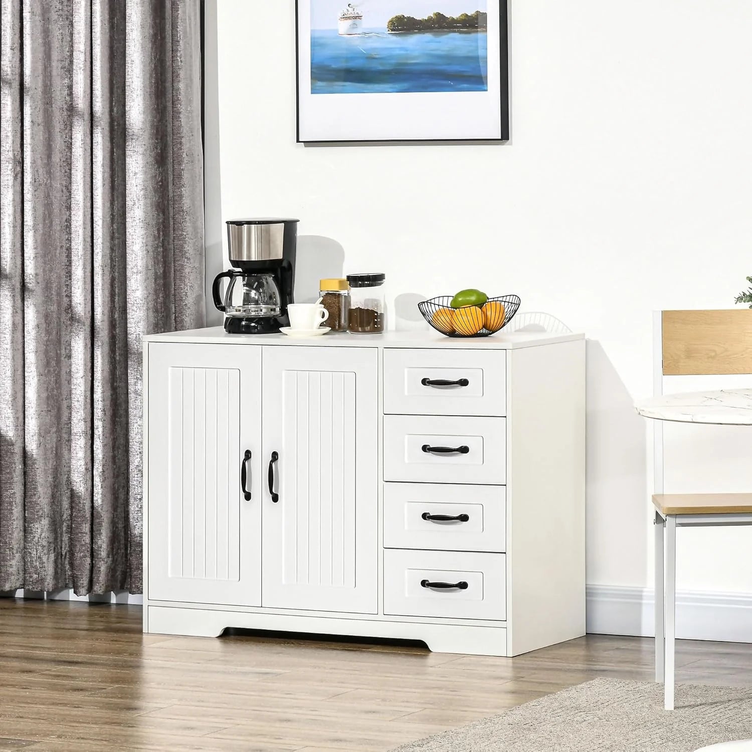 Modern Sideboard Buffet Cabinet with Drawers and Beadboard Door Cupboard Kitchen Storage Cabinet Black1 pcs