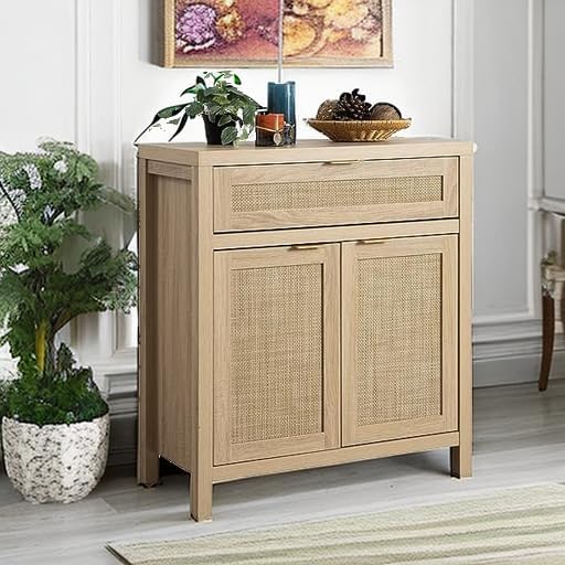 Sideboard Buffet Storage Cabinet Set of 2, Rattan Credenza Buffet Table, Boho Console Accent Cabinet with Doors and Drawer, Coffee Bar Cabinets for Kitchen Entryway Living Room, Natural1 pcs