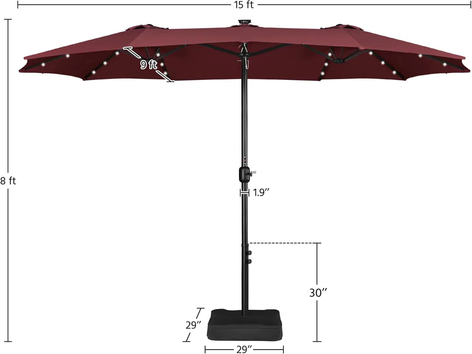 15 ft Large Patio Umbrella with Solar Lights Double-Sided Outdoor Rectangle Market Umbrellas with 36 LED Lights/Base Included/Easy Crank for Patio Garden Yard Pool Lawn, Brown