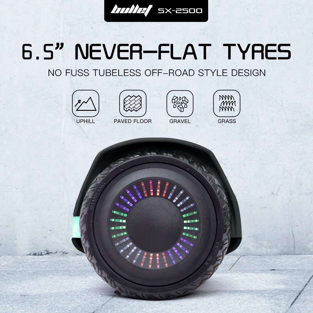 BULLET SX-2500 Hoverboard Scooter, 500W Brushless, UL Certified, AU Compliant, 6.5-inch Off-Road Style Tyres, Superior Self Balancing System, LED Lights, Black
