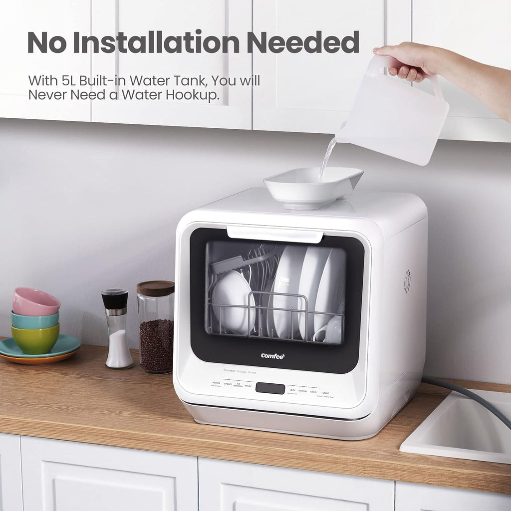 COMFEE' Portable Dishwasher Countertop with 5L Built-in Water Tank, No Hookup Needed, 6 Programs, 360�� Dual Spray, 192??High-Temp& Air-Dry Function, Mini Dishwasher for RVs, White