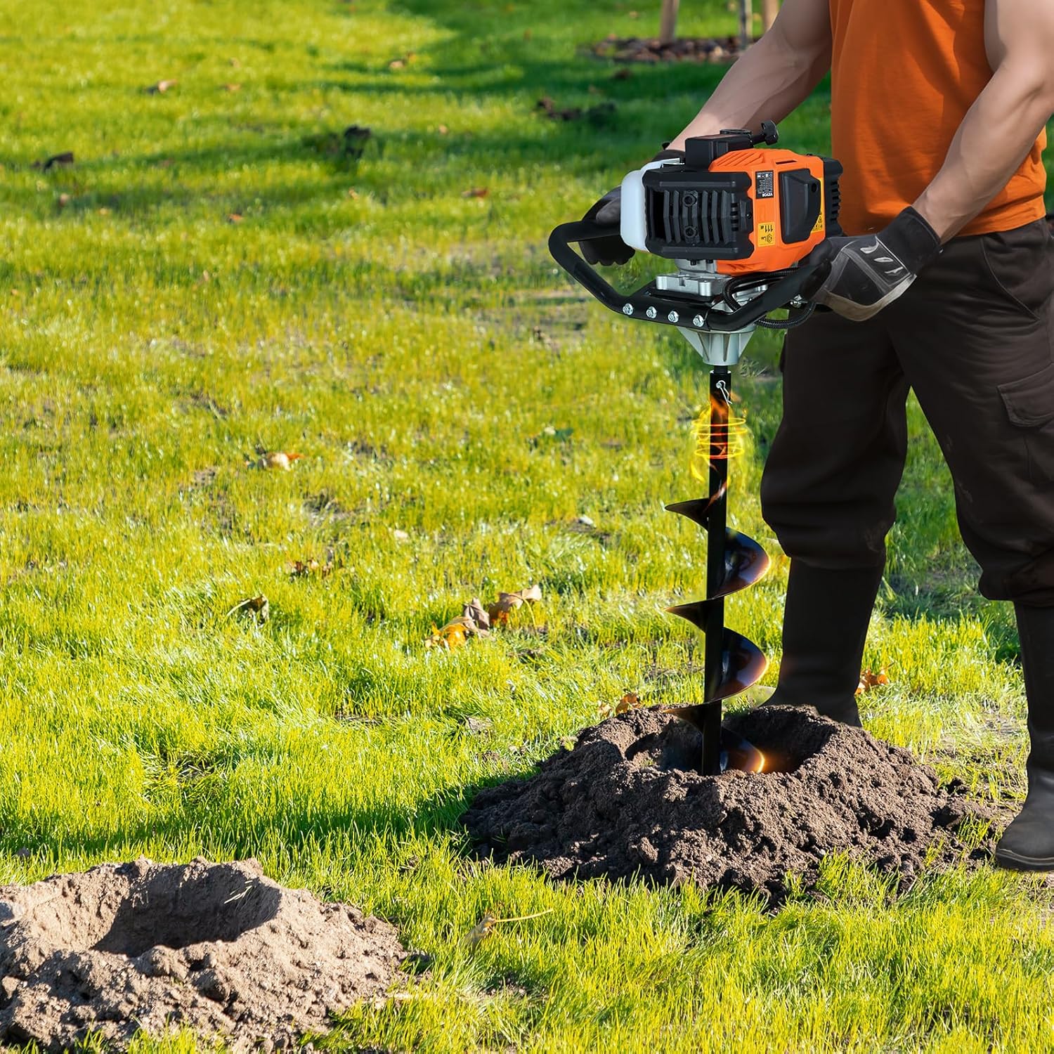1450-watt gasoline engine electric drilling machine, equipped with 6-inch and 10-inch drill bits and 3 extension rods, suitable for drilling holes in fence posts of farmlands, gardens, and orchards. The color is orange and black.1 pcs