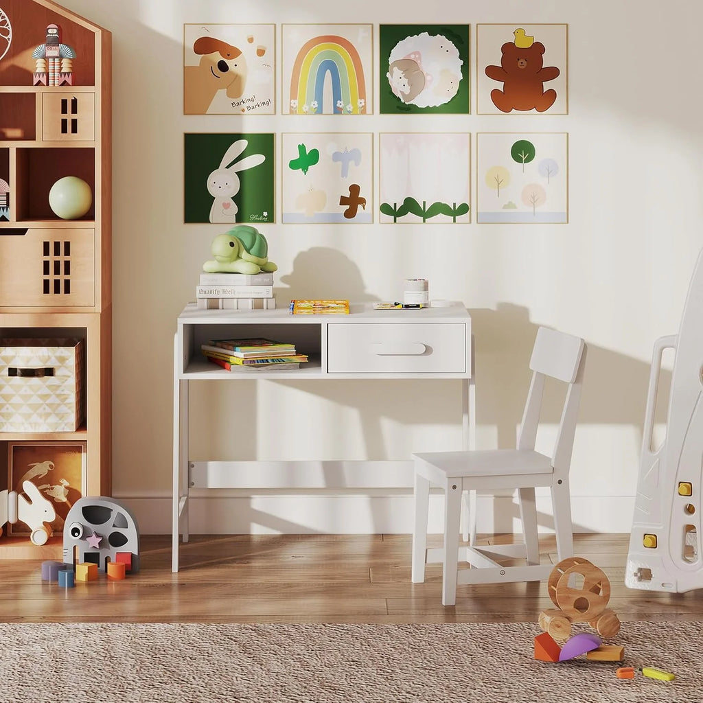 Kids Desk and Chair Set, Wooden Children School Study Table and Chair w/Storage Drawer & Hutch, Student Writing Desk Computer Workstation for Bedroom, Gift for 3+ Years Old (White)1 pcs