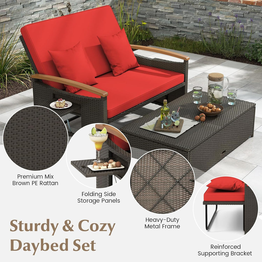 Outdoor Wicker Sofa Daybed, Rattan Loveseat with Folding Panels & Storage Ottoman, 4-Level Adjustable Backrest, Cozy Cushions Included, Sun Lounger Daybed for Backyard Porch,1 pcs
